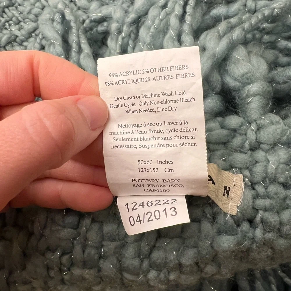 Pottery Barn Chunky Knit Throw Blanket Teal and Silver 50” x 60” Cozy Fringed - Picture 6 of 6